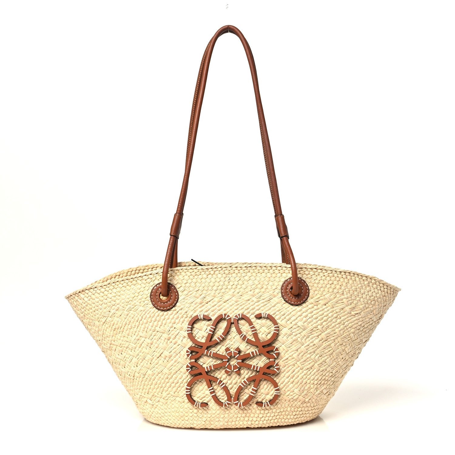 Calfskin Raffia Small Anagram Basket Tote Bag Natural Tan