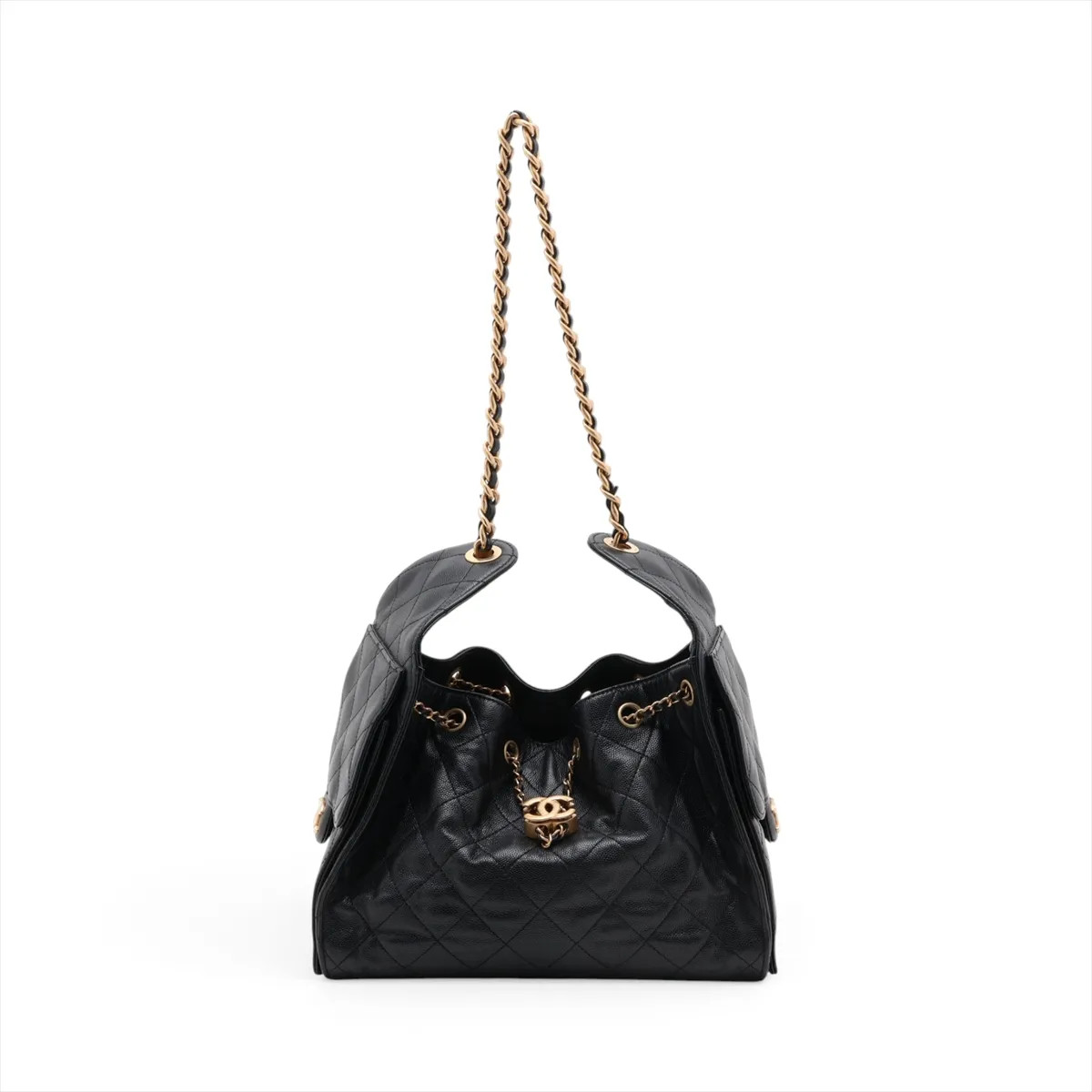 Chanel Chanel 25 Small Caviar Skin Chain Shoulder Bag Black Gold Metal Fittings