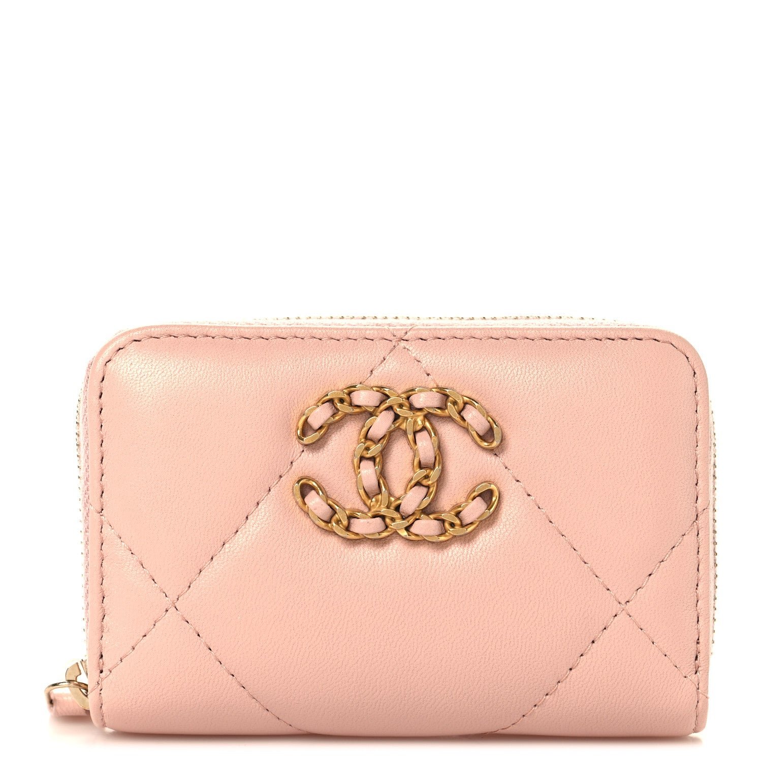 Chanel Lambskin Quilted 19 Zip Around Coin Purse Wallet Light Pink