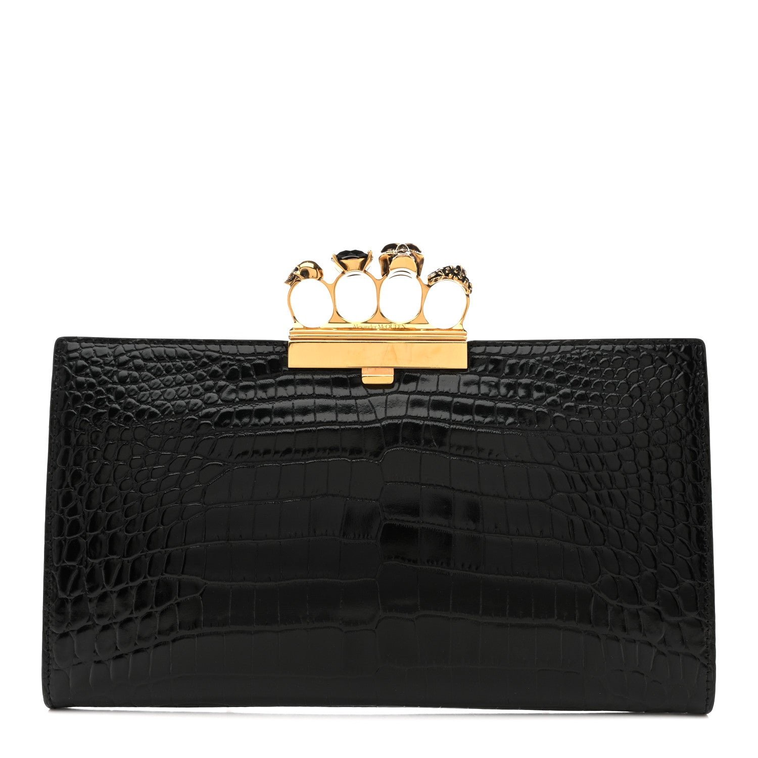 Alexander McQueen Calfskin Crocodile Embossed Knuckle Flat Clutch Black Gold