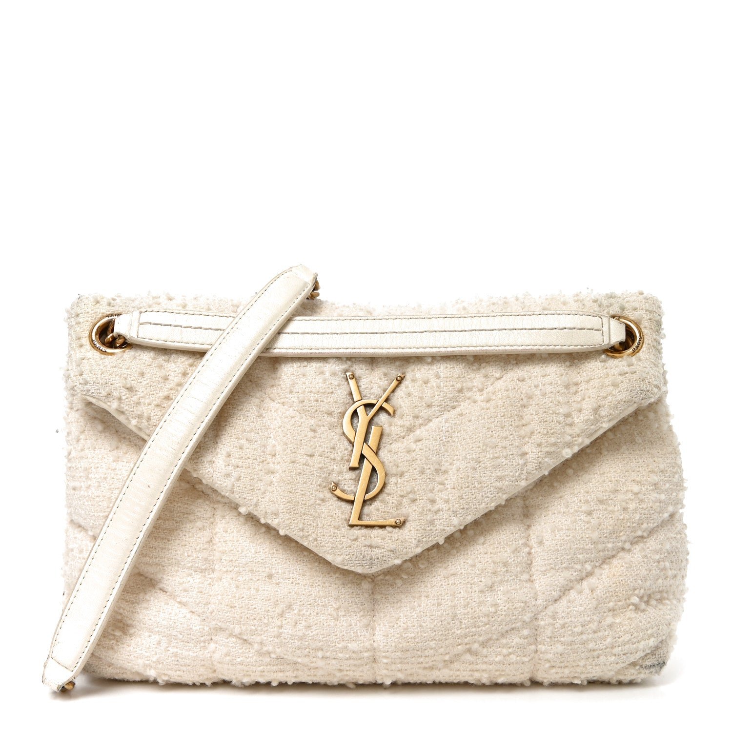 Saint Laurent Boucle Tweed Quilted Small Loulou Puffer Monogram Chain Satchel Crema Soft