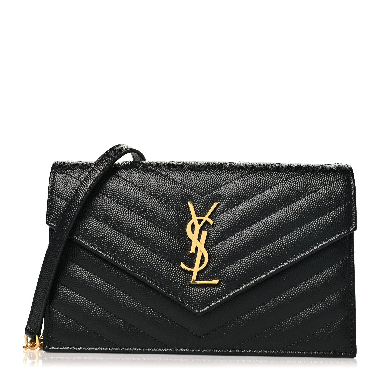 Saint Laurent Grain De Poudre Matelasse Chevron Monogram Envelope Chain Wallet Black