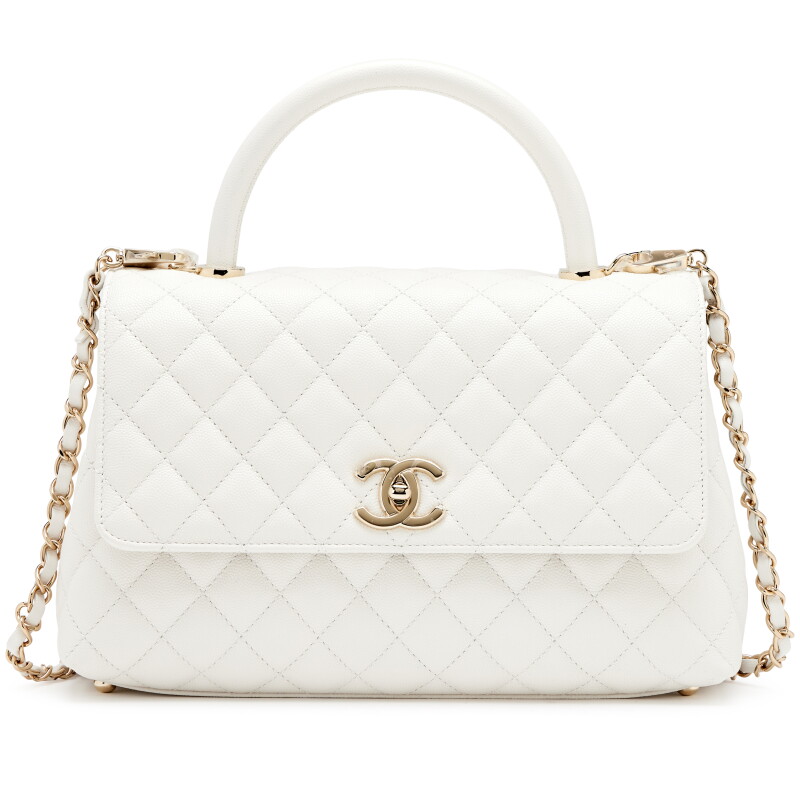 White Quilted Caviar Medium Coco Top Handle Flap Bag Light Gold Hardware, 2022