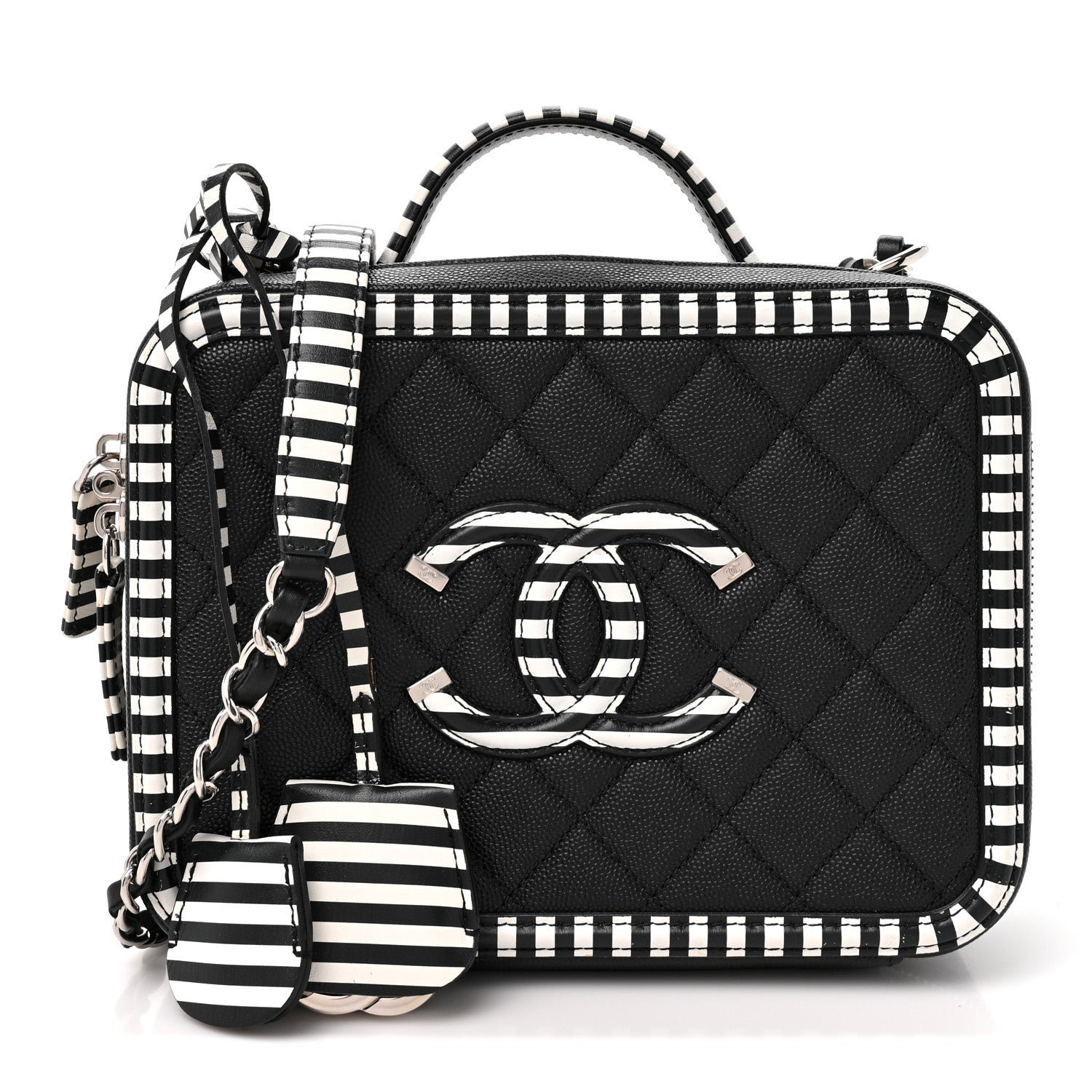 Chanel Caviar Quilted Striped Medium CC Filigree Vanity Case Black White