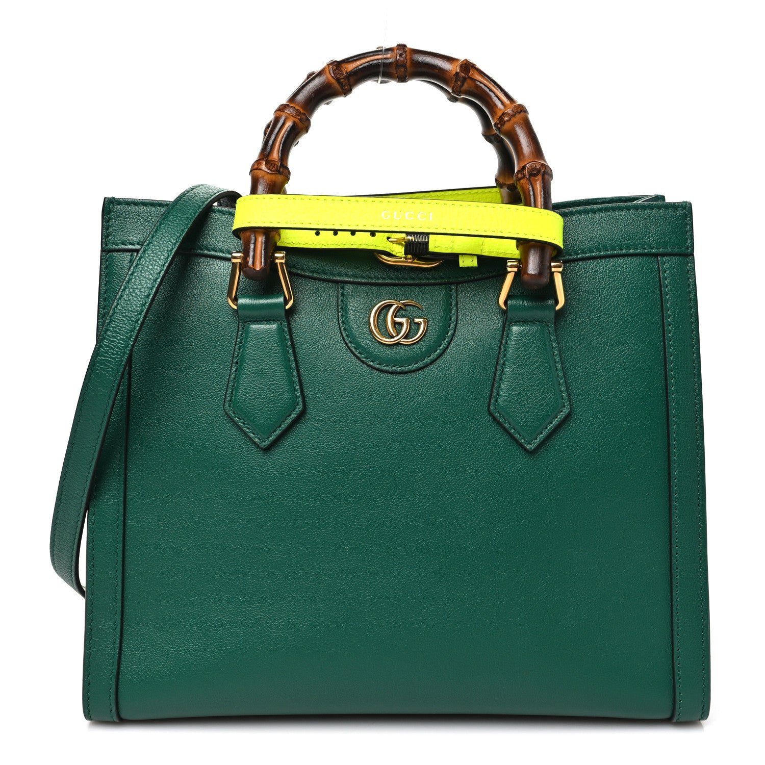 Gucci Wonka Grain Calfskin Small Diana Tote Bag Green Yellow Fluo