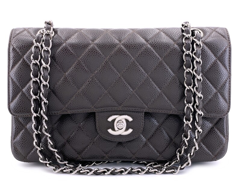 Dark Brown Quilted Caviar Medium Classic Double Flap Bag Silver Hardware, 2007