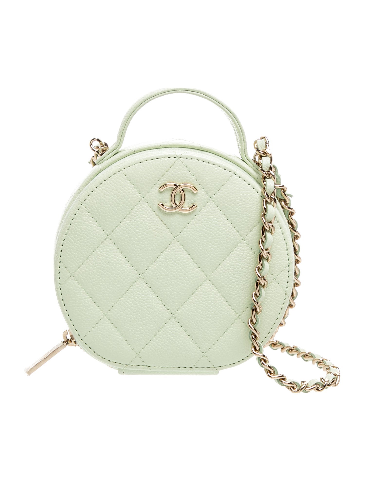 Quilted Caviar Round Top Handle Vanity Case w/ Chain