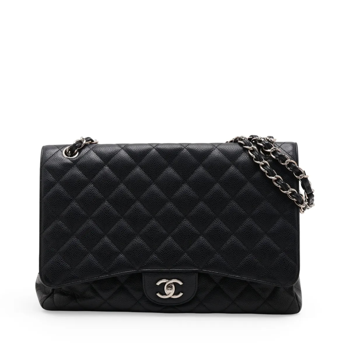 Chanel DEKAMATRASSE 30 Large Caviar Skin Double Flap Double Chain Bag Black Silv