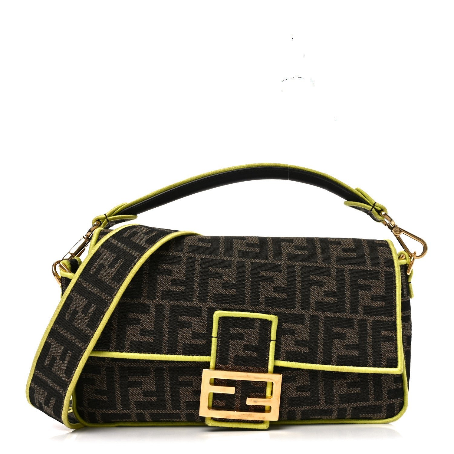Fendi Fabric Jacquard FF 1974 Large Baguette Tobacco Moro Giallo Fluo