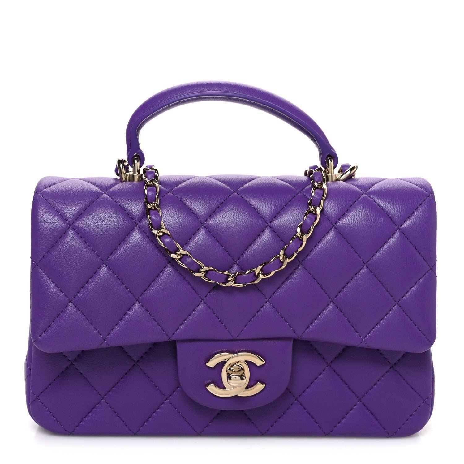 Chanel Lambskin Quilted Mini Top Handle Rectangular Flap Dark Purple