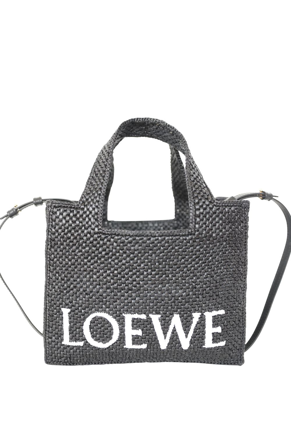 Loewe Loewe x Paula's Ibiza Font Small Tote, Black Raffia with Gold Hardware, Preowned in Dustbag WA001