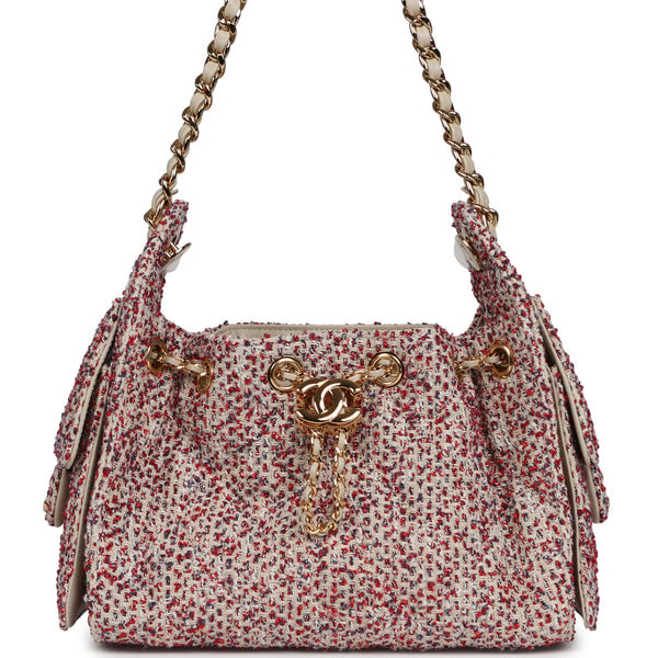 Chanel Mini 25 Hobo Bag Light Beige, Red, White Blue Tweed Boucle Gold Hardware