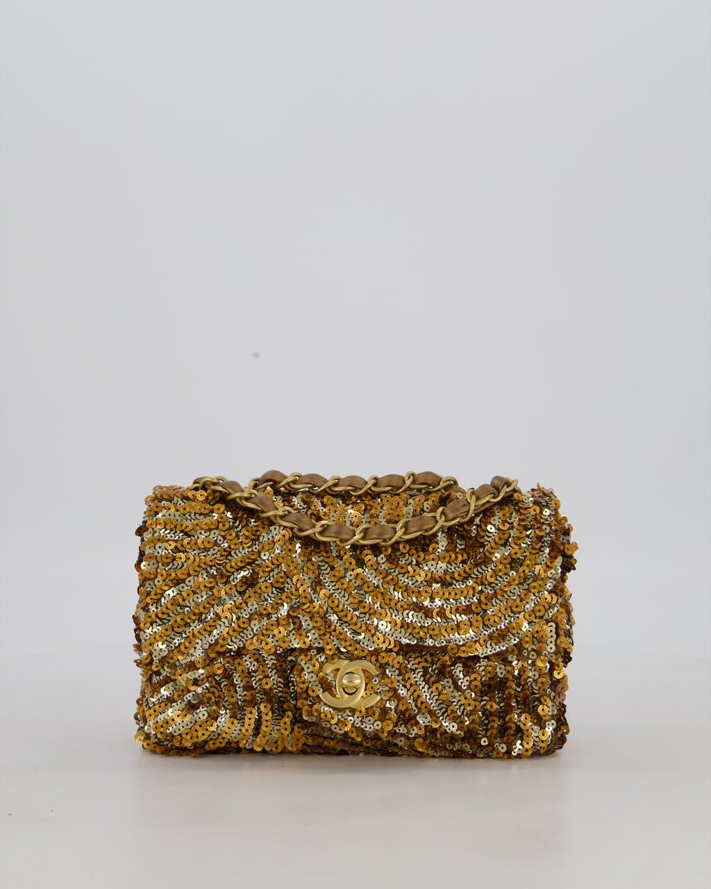 Chanel Classic Single Flap Bag in Metallic Gold and Silver Sequin with Gold Hardware