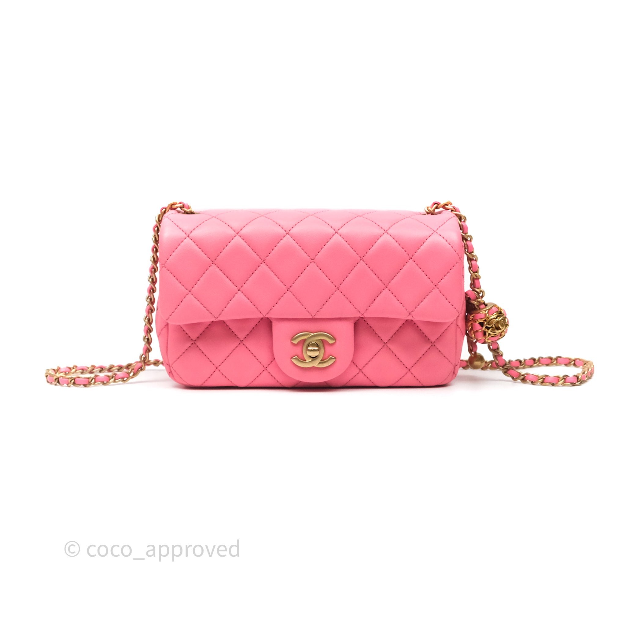 Chanel Mini Rectangular Pearl Crush Quilted Pink Lambskin Aged Gold Hardware