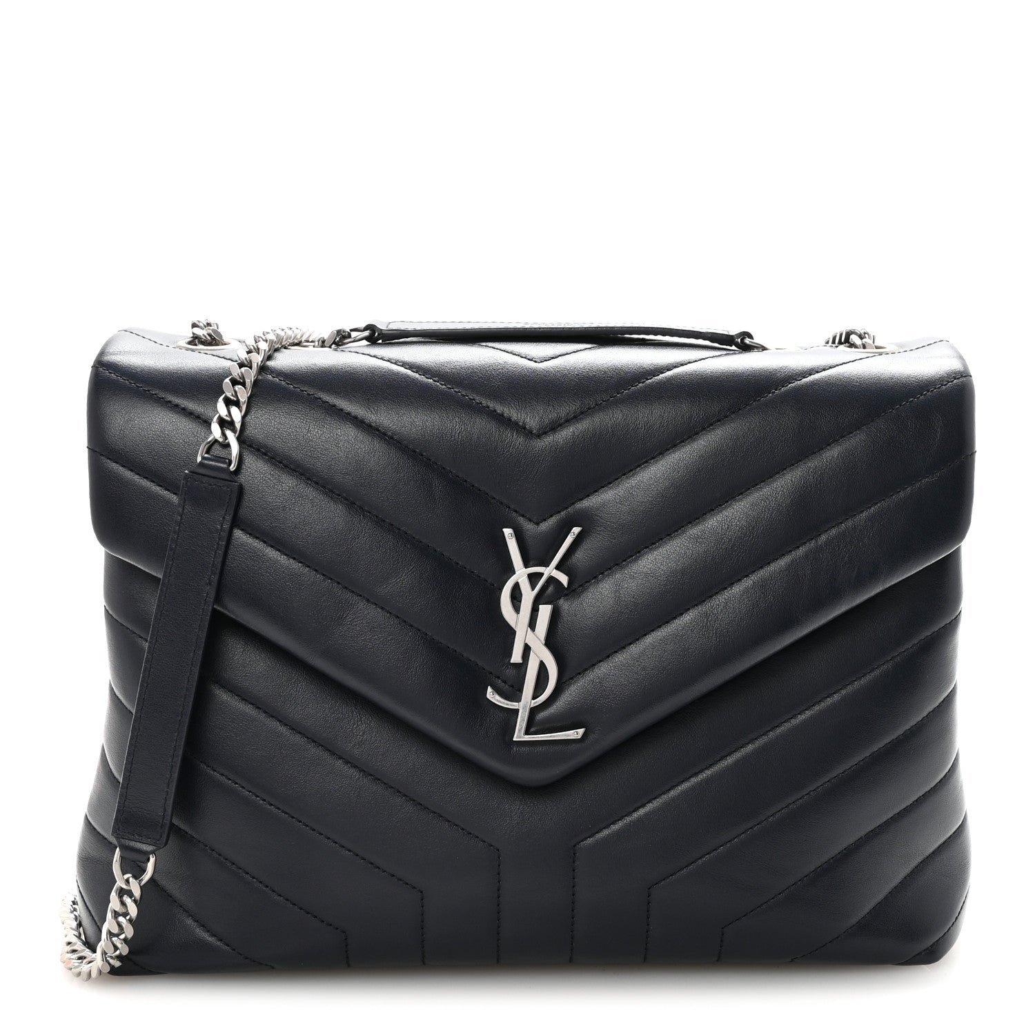Saint Laurent Calfskin Y Quilted Monogram Medium Loulou Chain Satchel Deep Marine