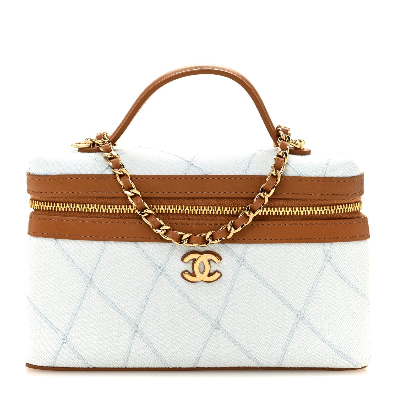 Chanel Washed Denim Calfskin Quilted Top Handle Slim Vanity Case With Chain Blue Brown Blue Brown