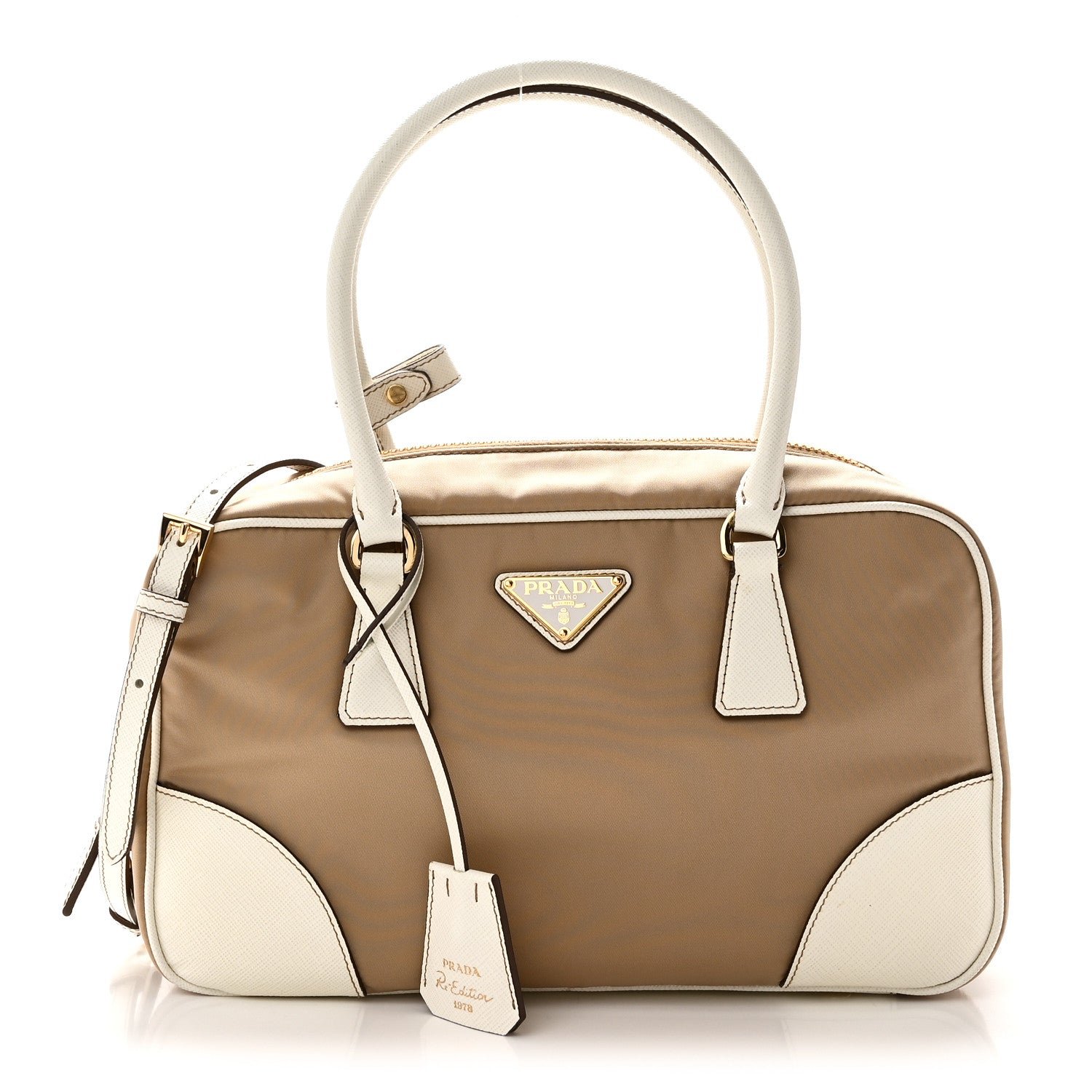 Prada Re-Nylon Saffiano Medium Re-Edition 1978 Two Handle Bag White Biege