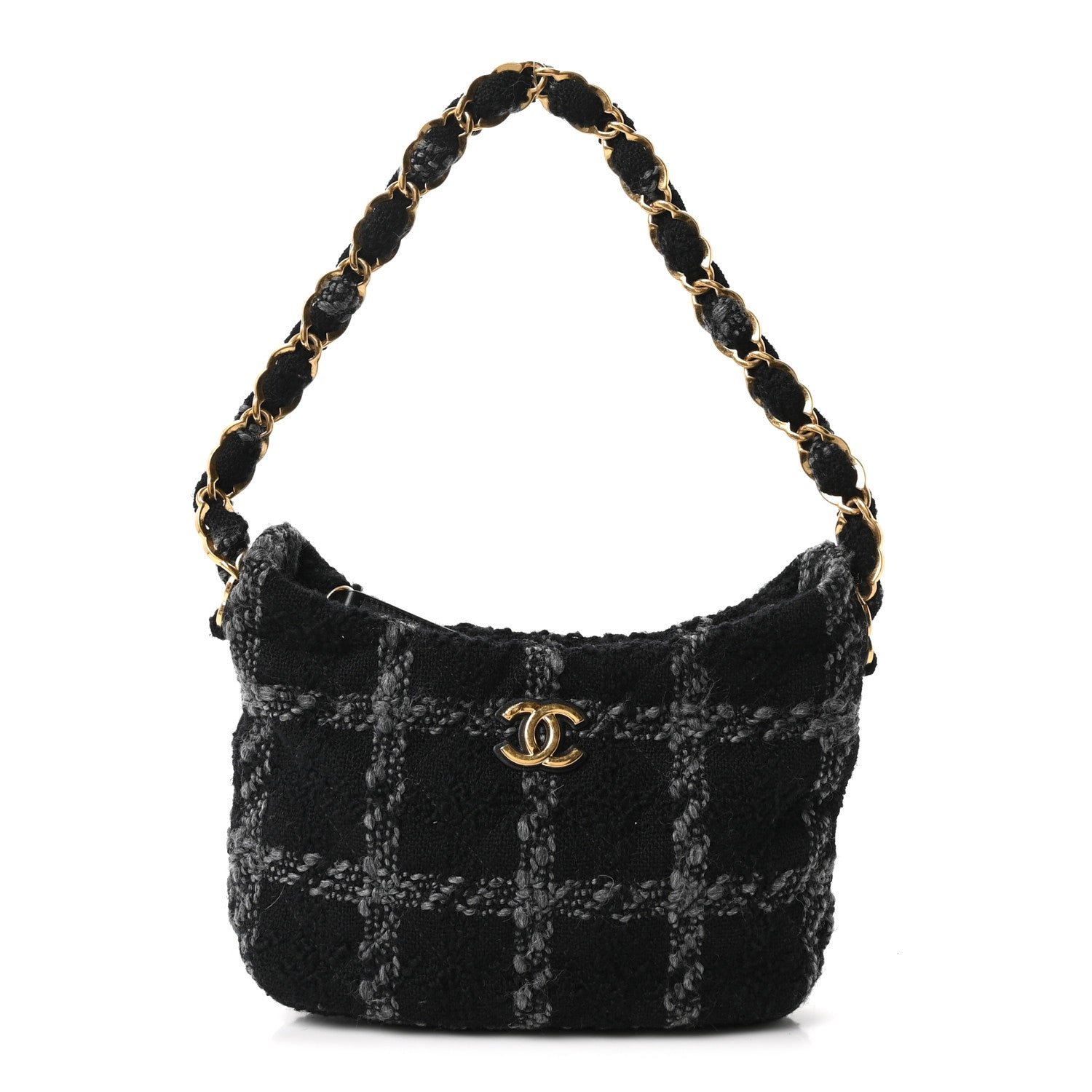 Chanel Cashmere Tweed Quilted CC Links Hobo Black Grey