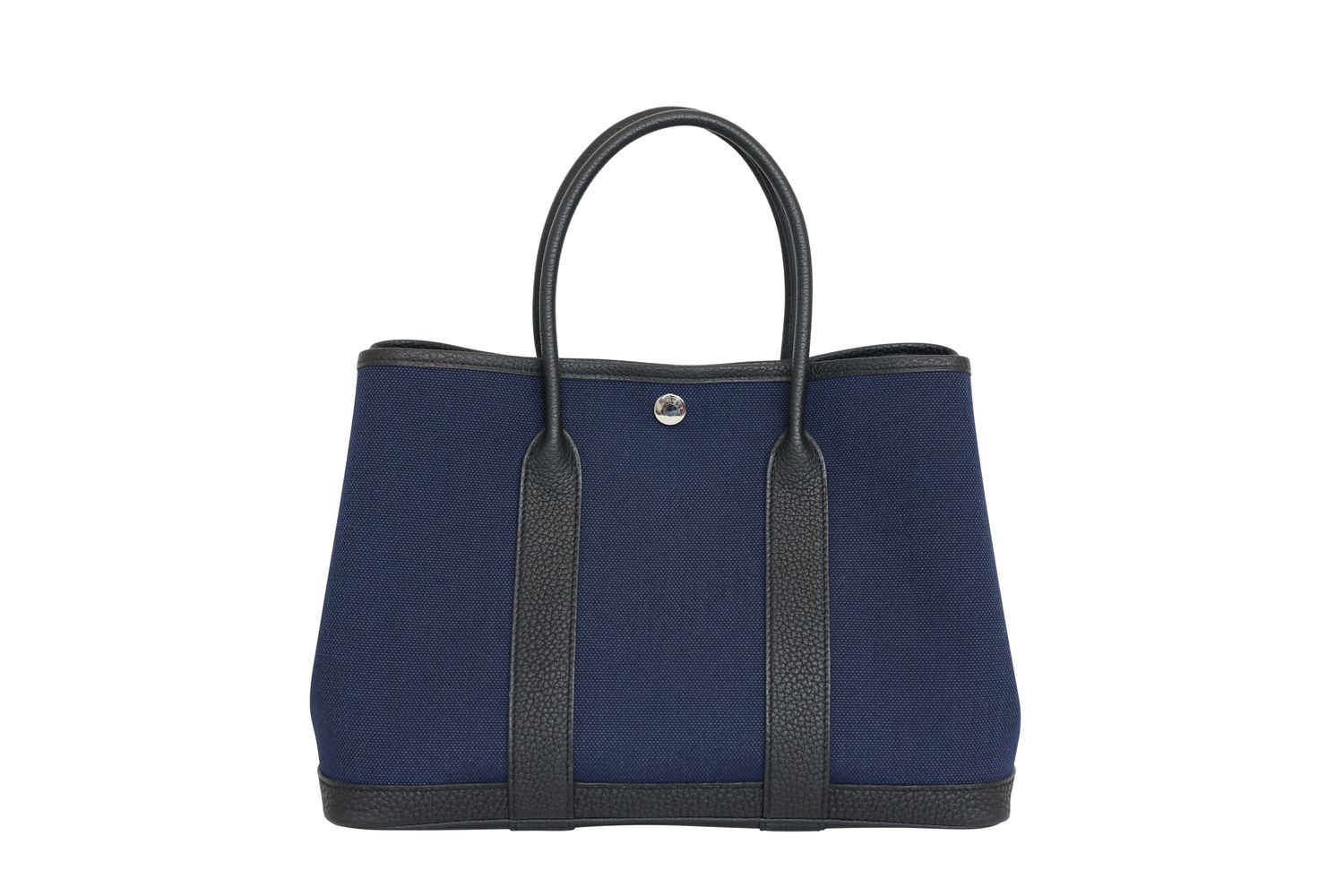 Hermes Hermes Garden Party 30 Tote Bag, Blue Denim Moyen Canvas and Black Noir Negonda Calfskin with Palladium Hardware, K 2025 Stamp, Preowned in Dustbag WA001