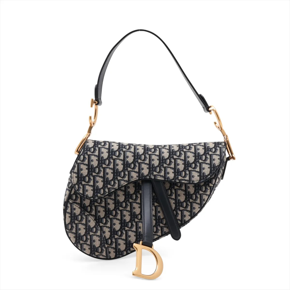 Christian Dior Oblique Saddle Bag Canvas & Leather Shoulder bag Navy Blue