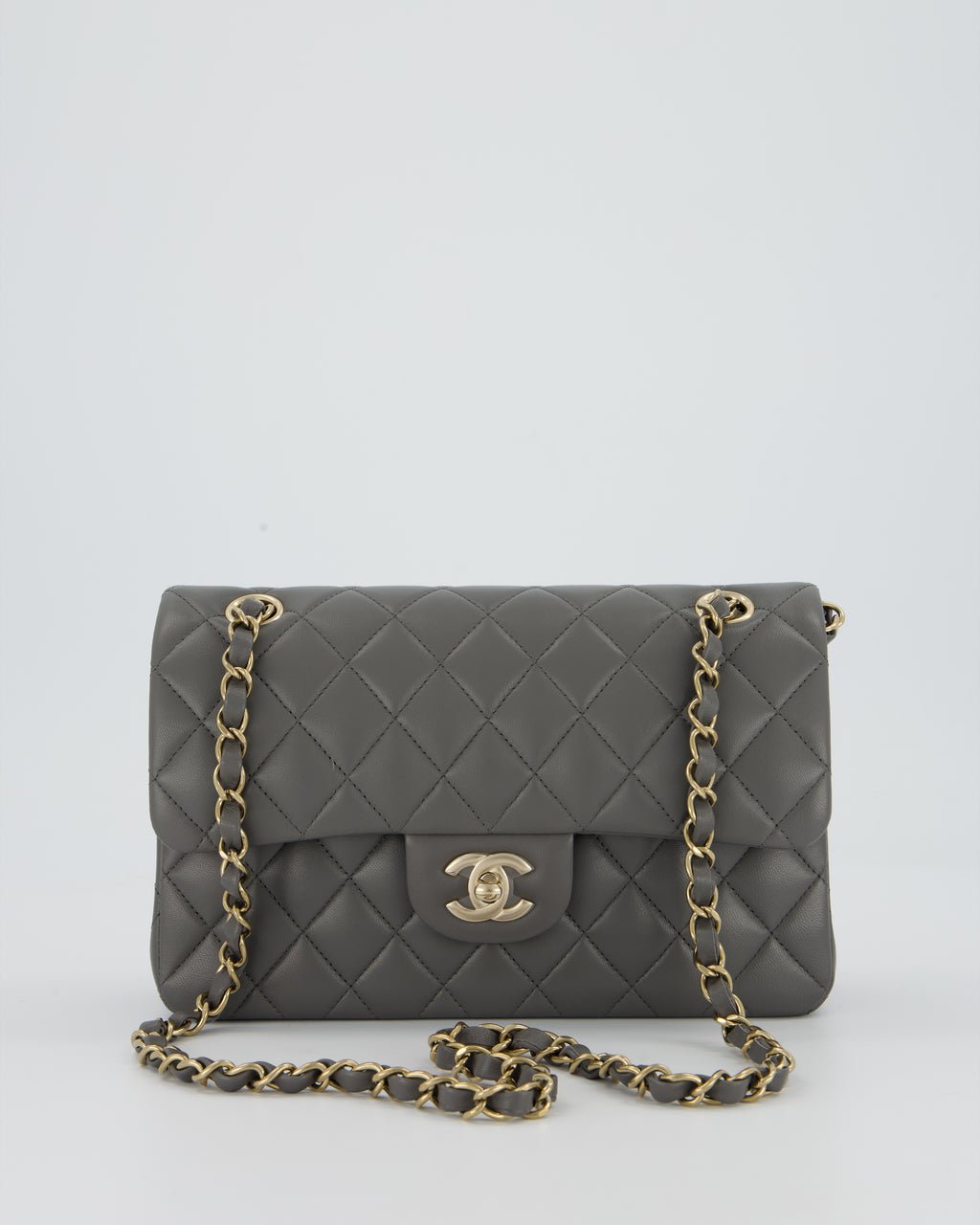 *HOT* Chanel Grey Small Classic Double Flap Bag in Lambskin Leather with Champagne Gold Hardware