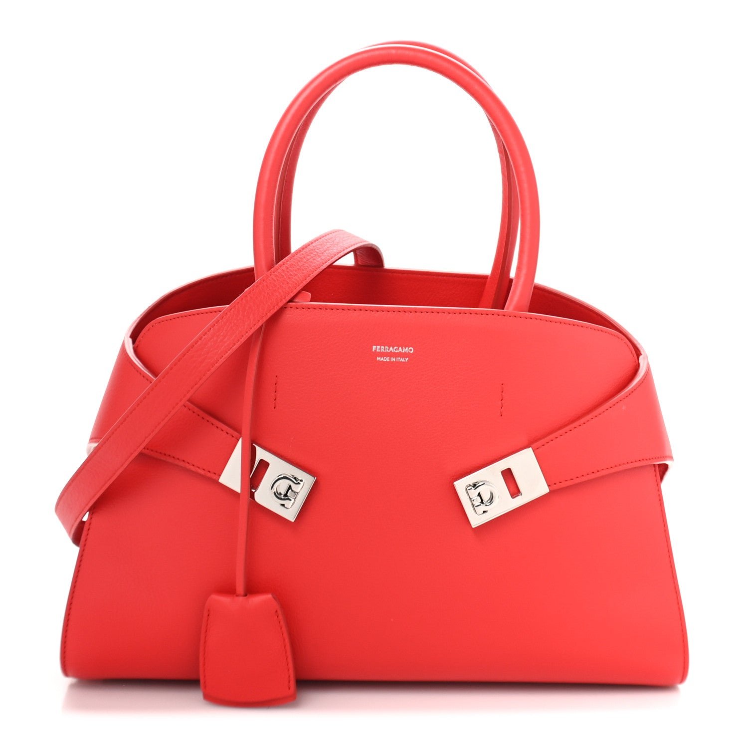 Salvatore Ferragamo Natural Grain Calfskin Medium Hug Bag Flame Red
