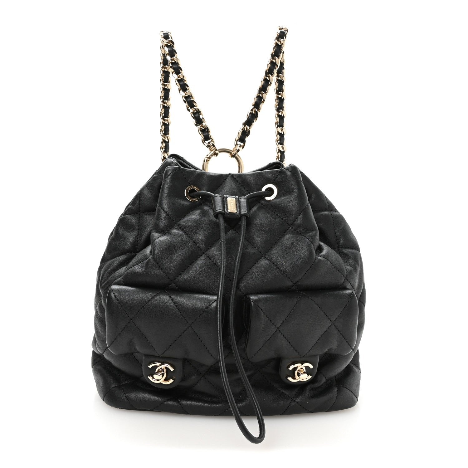 Chanel Calfskin Quilted Double Pocket Drawstring Backpack Black