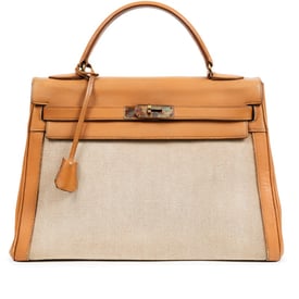 Hermes Vintage Natural Box and Toile Ecru Kelly 32 Retourné Gold Hardware, ca. 1950-1960