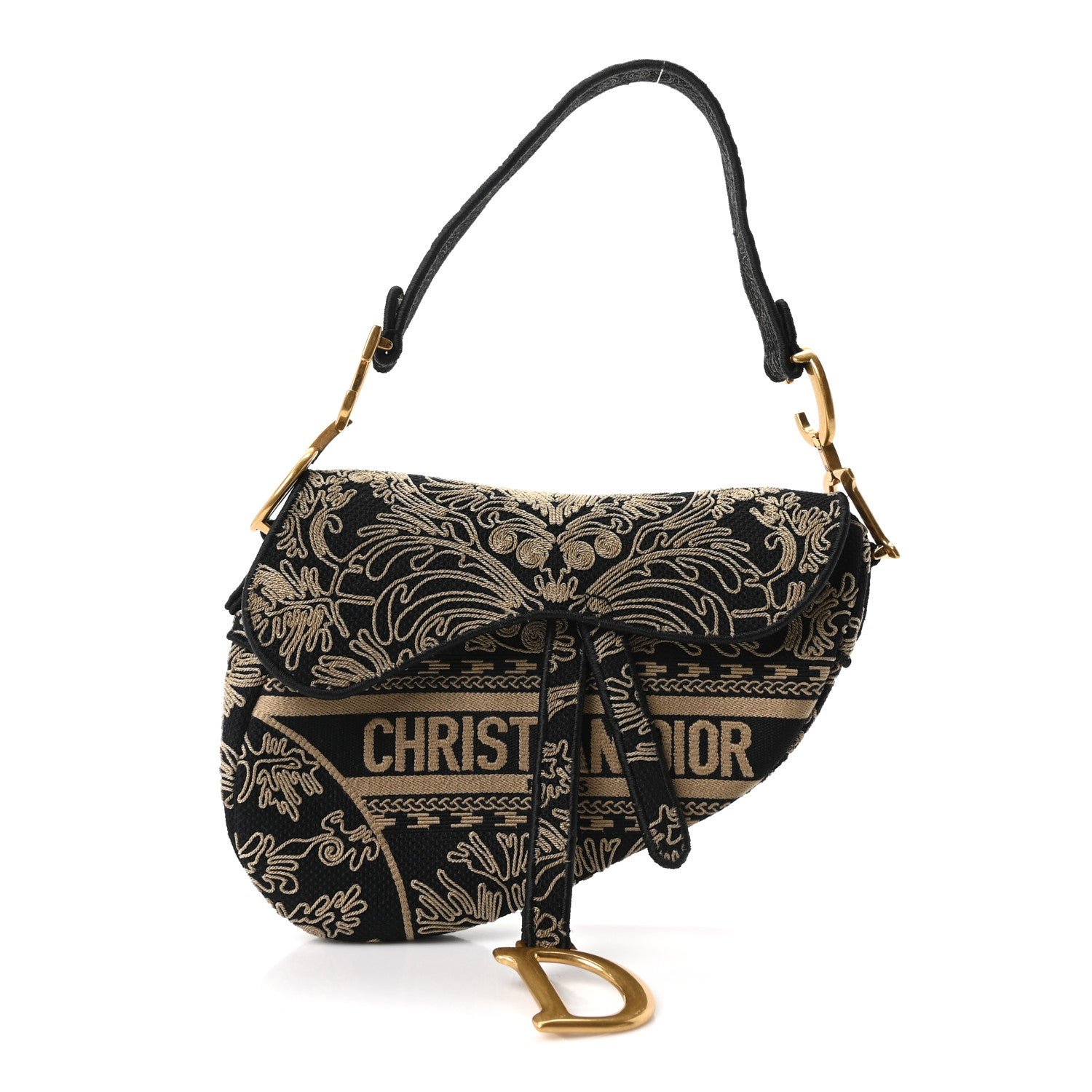 Christian Dior Canvas Embroidered Ornamental Cornely Saddle Bag Black Beige