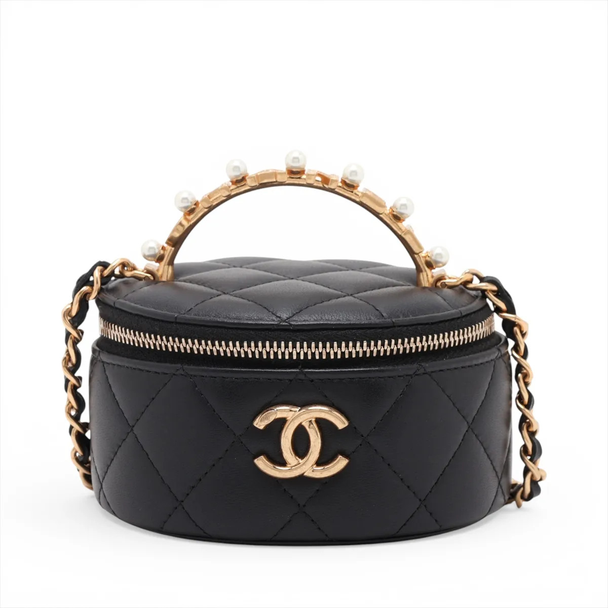 Chanel Matelasse Lambskin Chain Shoulder Bag Vanity Pearl Black Gold Metal Fitti