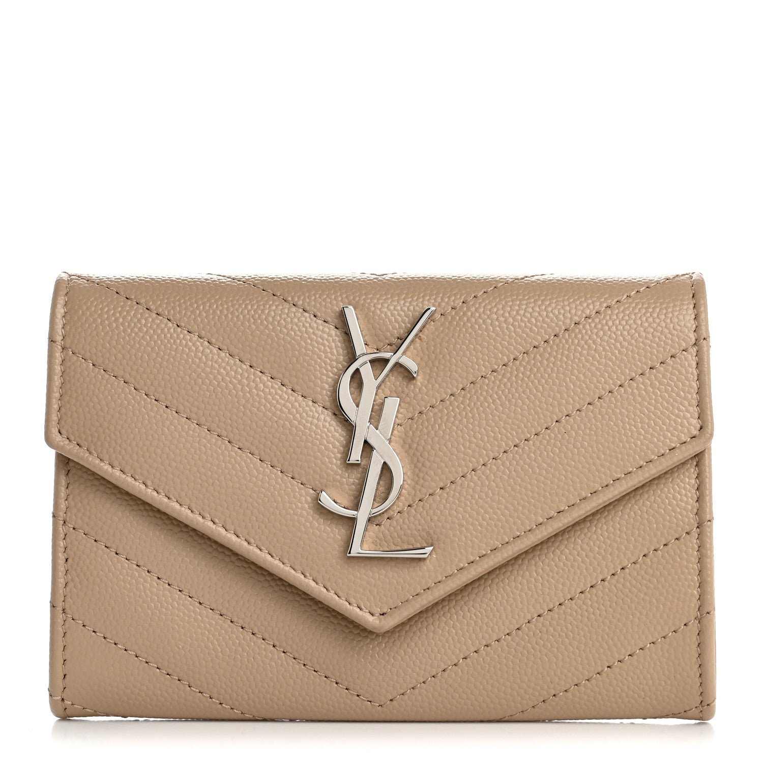 Saint Laurent Grain De Poudre Matelasse Chevron Small Monogram Envelope Wallet Dark Beige