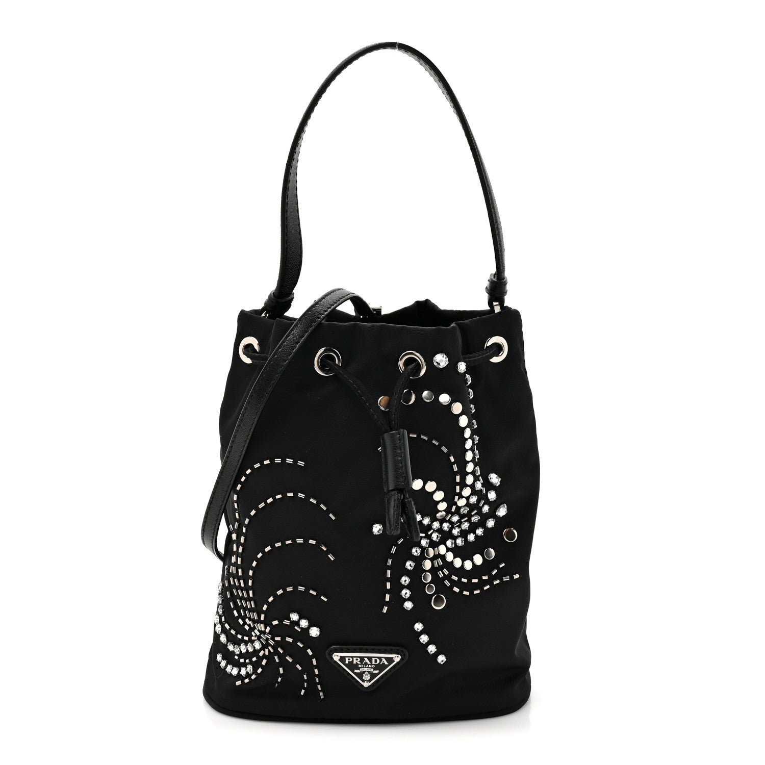 Prada Tessuto Saffiano Ricamo Sequin Crystal Embellished Mini Re-Edition 1978 Bucket Bag Black