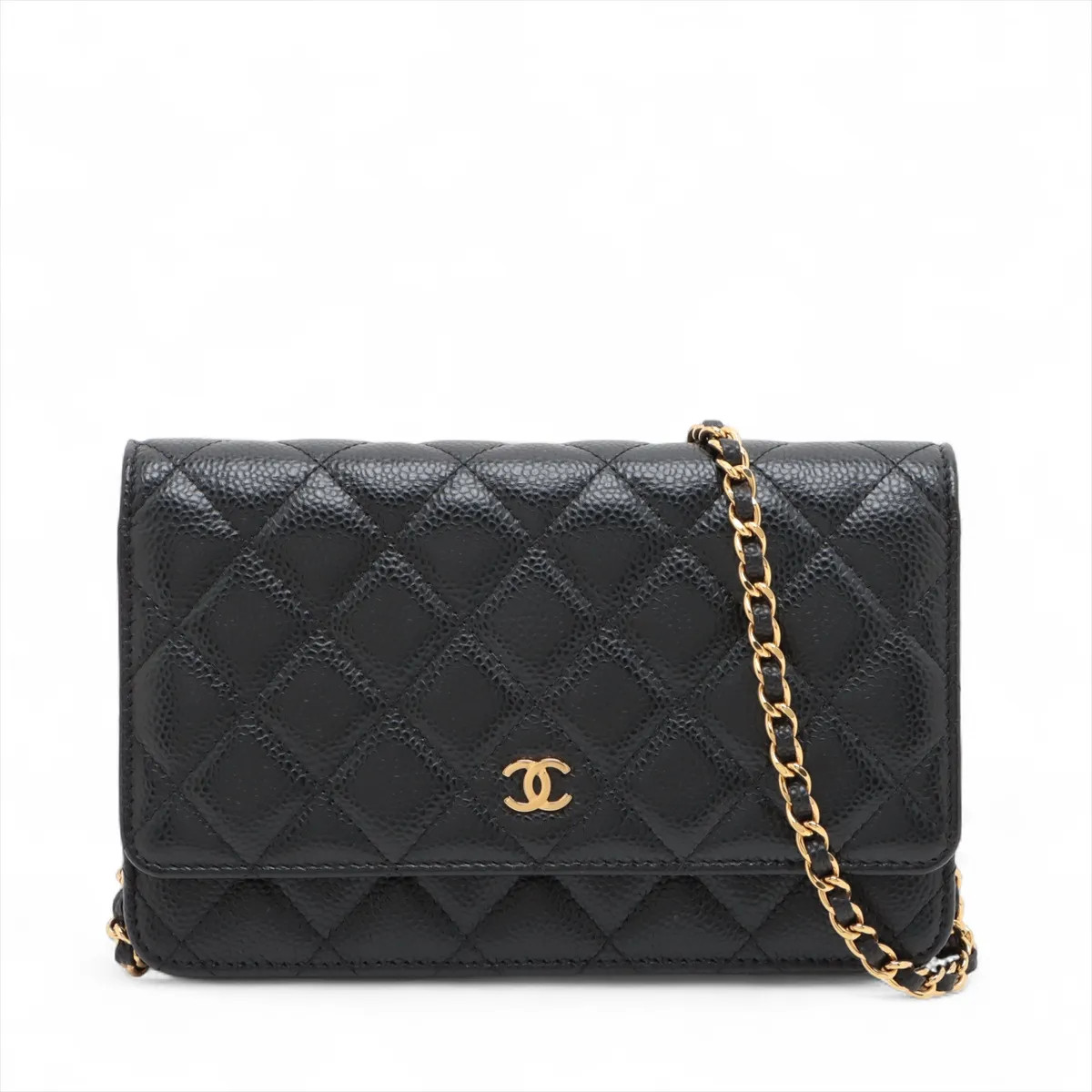Chanel Matelasse Caviar Skin Chain Wallet Black Gold Metal Fittings random plate