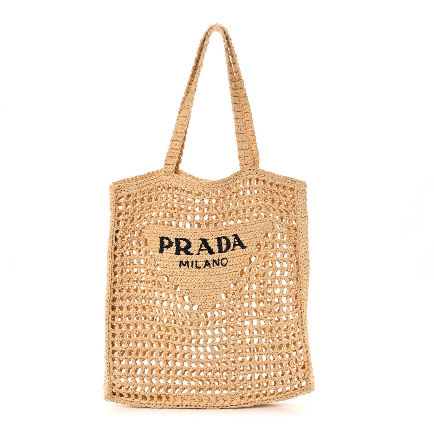 Prada Yarn Raffia Effect Crochet Logo Embroidered Tote Bag Naturale