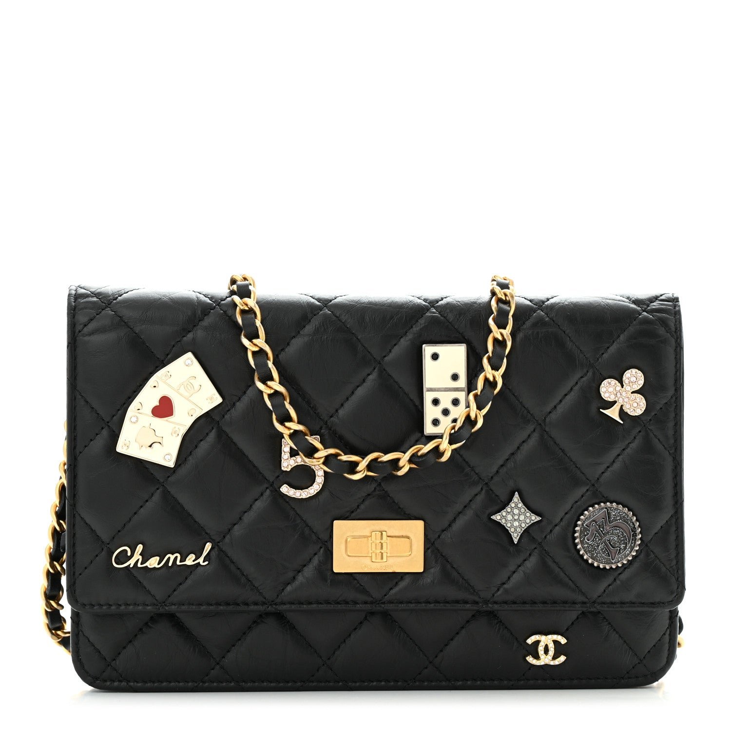 Chanel Aged Calfskin Lucky Charms Casino 2.55 Reissue Wallet on Chain WOC Black