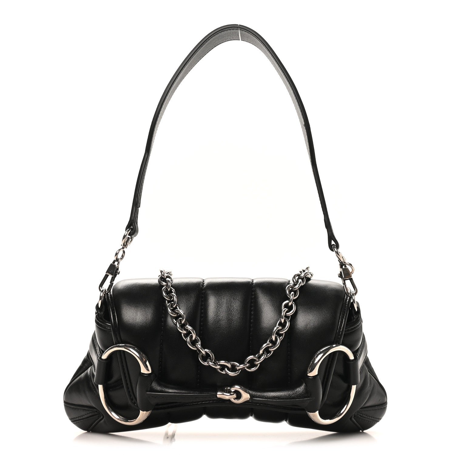 Gucci Nappa Vertical Matelasse Small Maxi Horsebit Chain Shoulder Bag Black