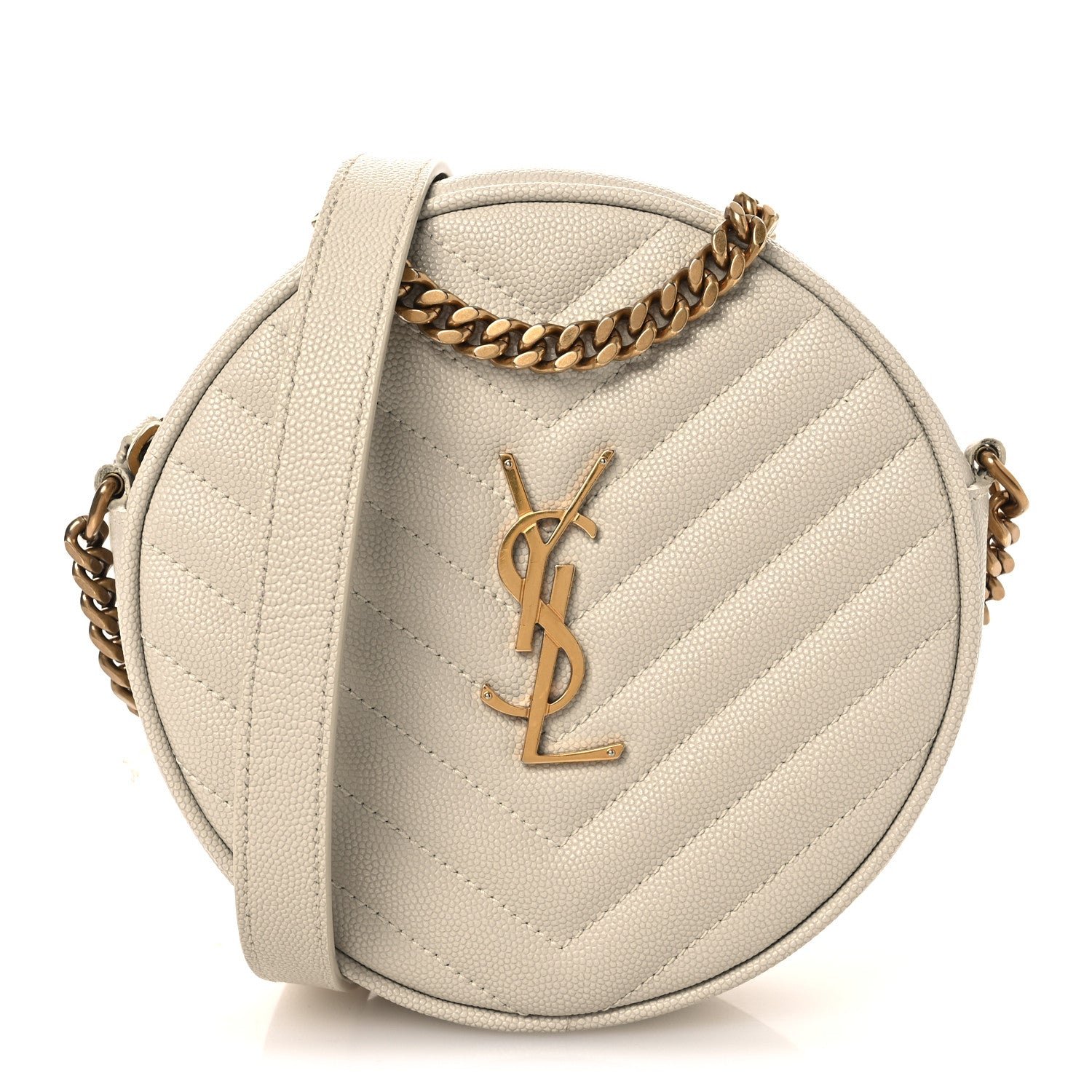Saint Laurent Grain De Poudre Matelasse Chevron Quilted Round Vinyle Camera Bag Crema Soft