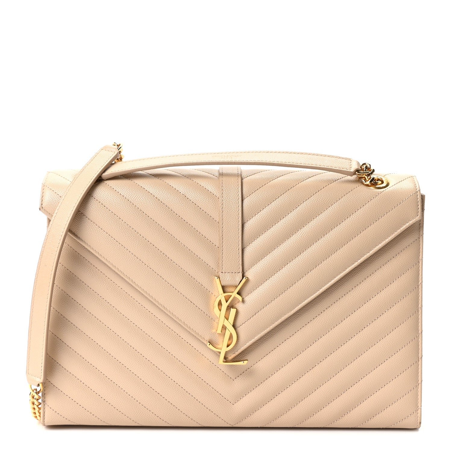 Saint Laurent Grain De Poudre Matelasse Chevron Large Monogram Satchel Dark Beige