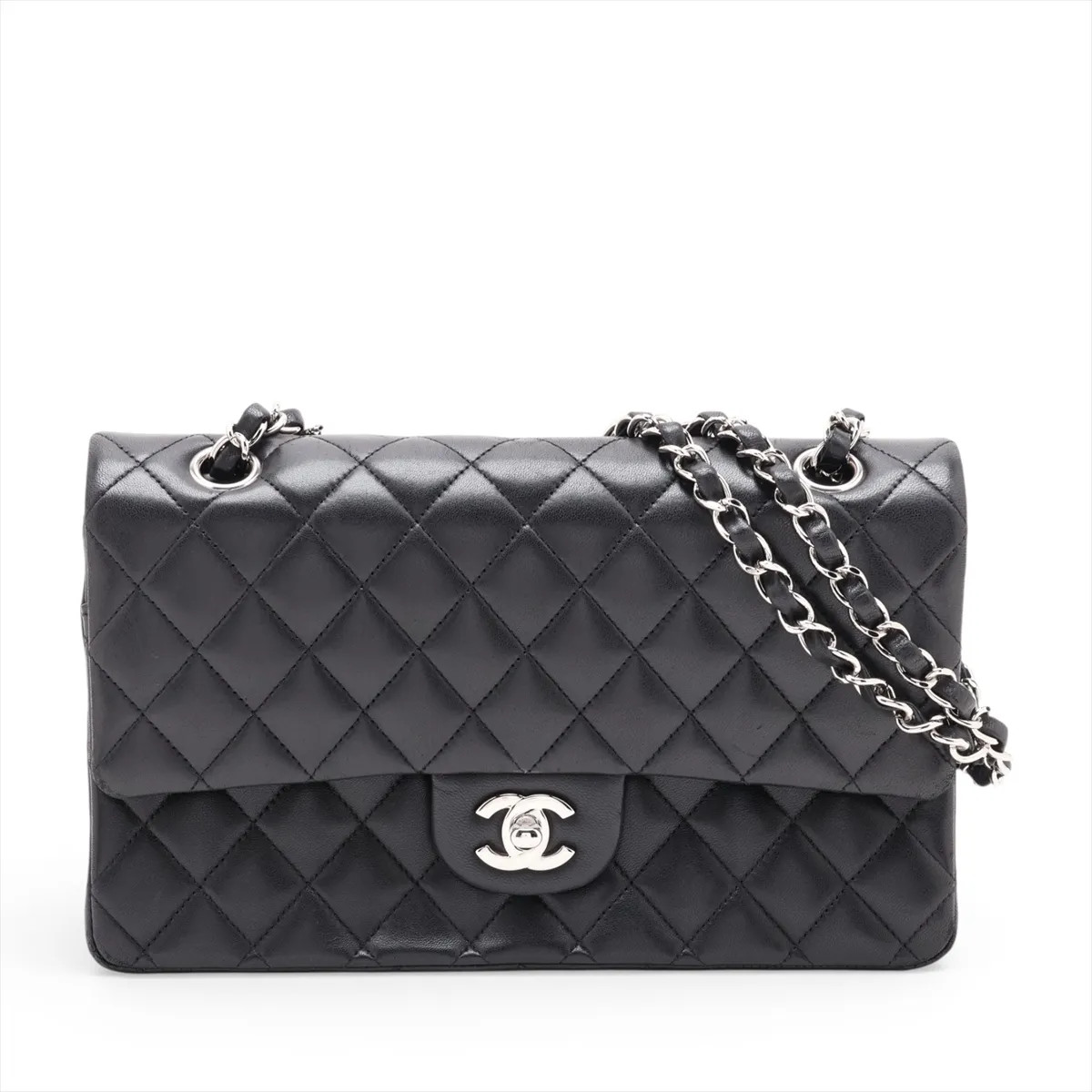 Chanel Matelasse 25 Lambskin Double Flap Double Chain Bag Black Silver Metal Fit