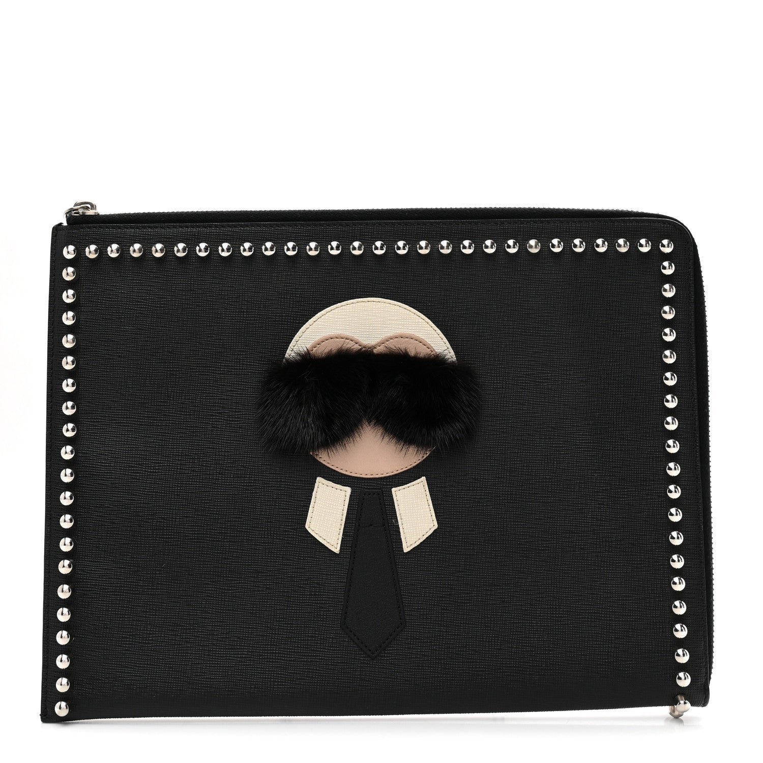 Fendi Vitello Elite Mink Fur Studded Karlito Zip Around Pouch Black