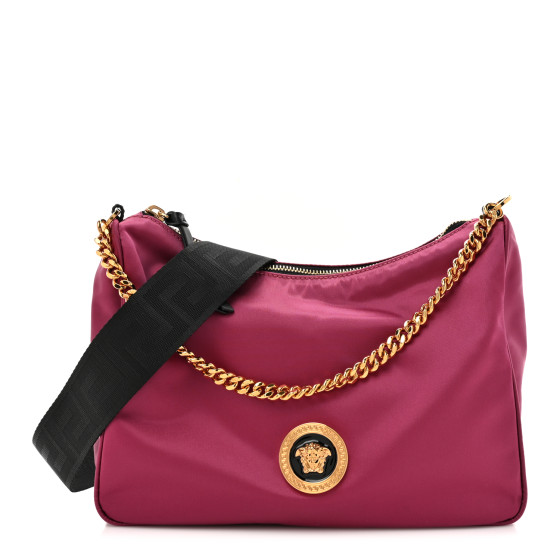 Versace Nylon Tribute Chain Crossbody Shoulder Bag Dark Pink Black
