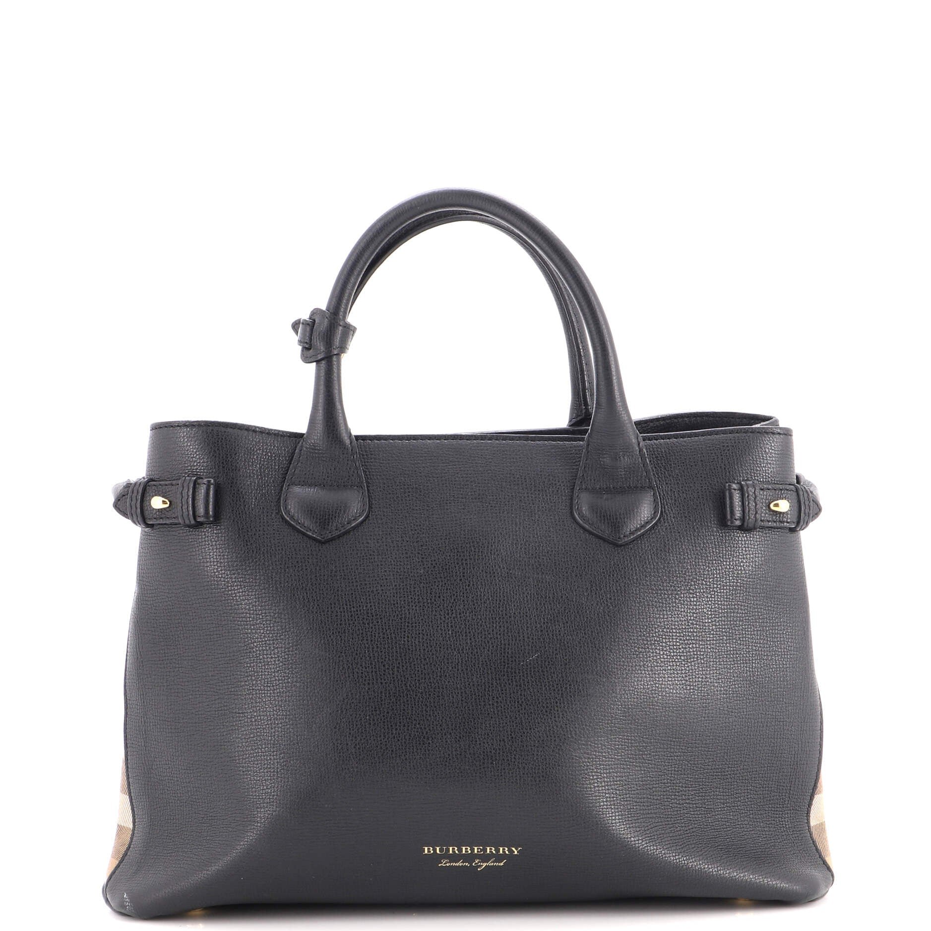 Banner Tote Leather and House Check Canvas Medium