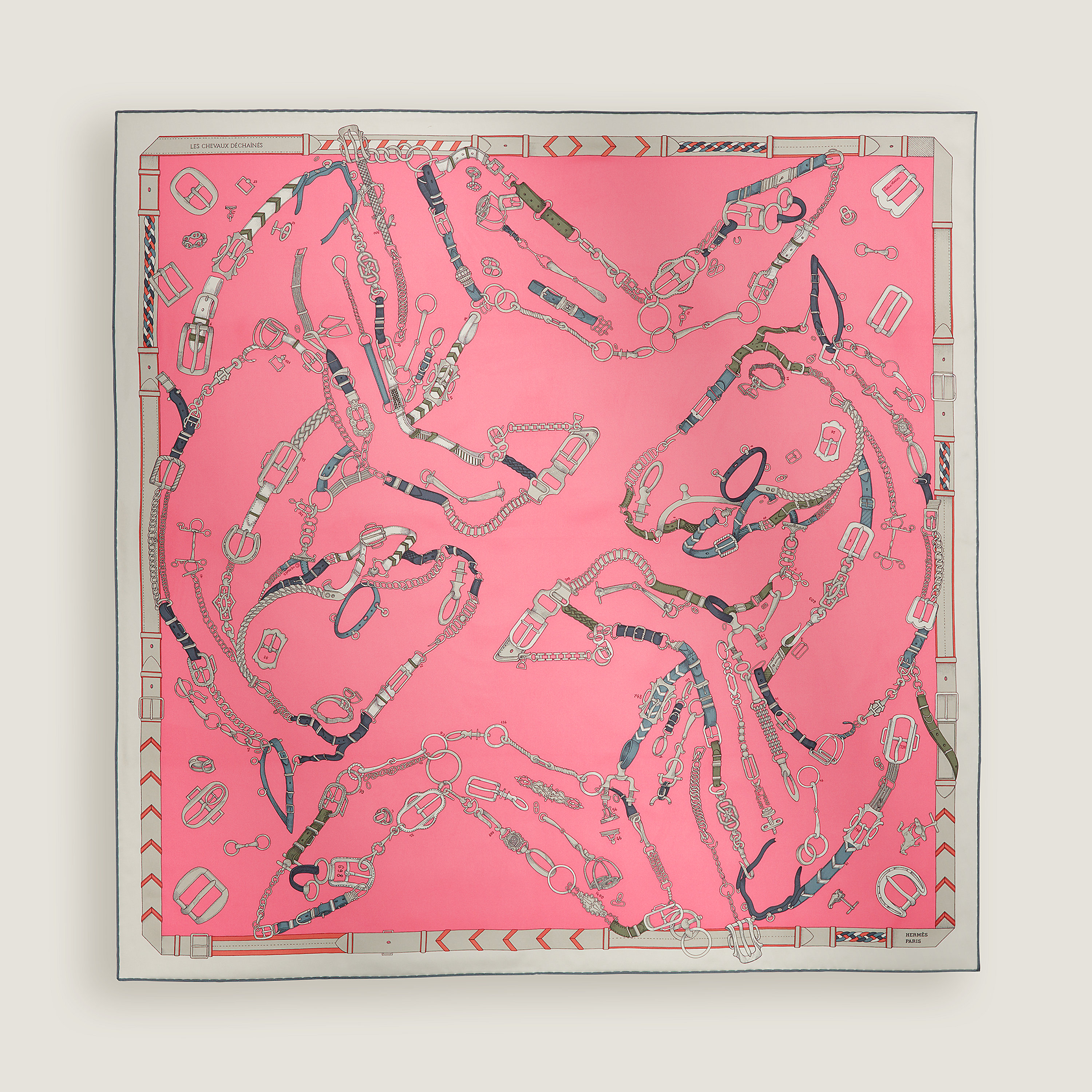 Hermès カレ 90 《シュヴォー・デシェネ》 黒/カーキ/グレー | BagUSeek