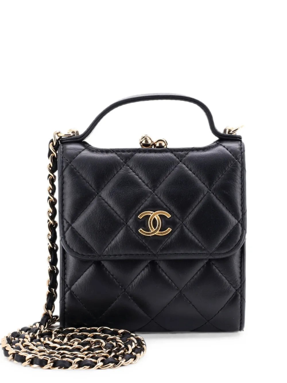 CC Kisslock Frame Top Handle Clutch with Chain Quilted Lambskin Mini shoulder bag