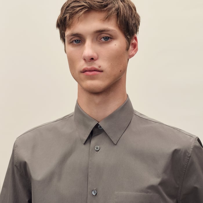 Gris Éléphant Short-sleeve Straight Cut Shirt With Leather Detail
