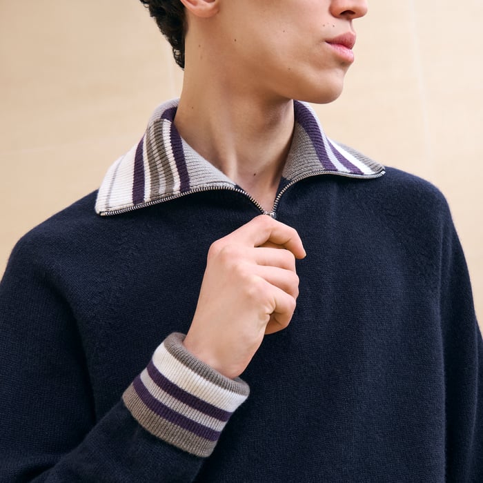 Marine Cashmere "Rayures Asymetriques" Polo Sweater