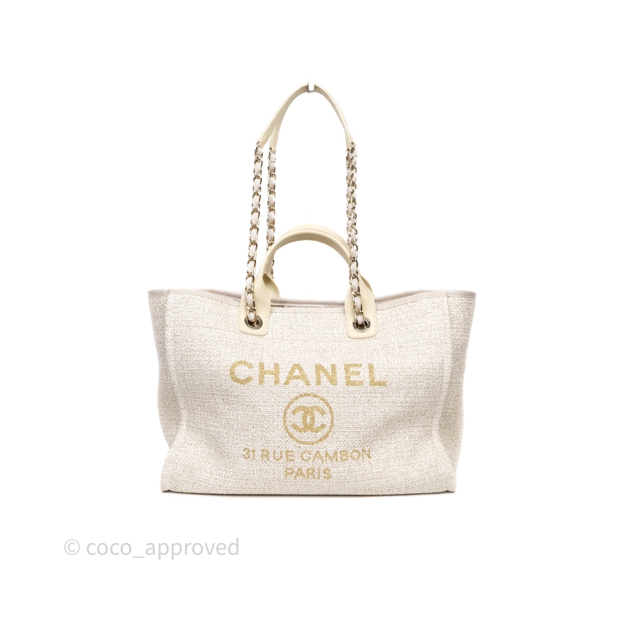 Chanel Large Deauville Ivory/Gold Canvas Gold Hardware
