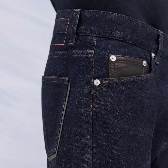 Indigo Jeans With Leather Pocket Detail
