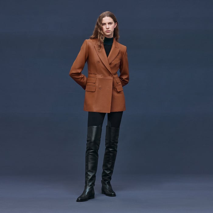 Marron Fauve Veste Tailleur Double Croisure En Cuir