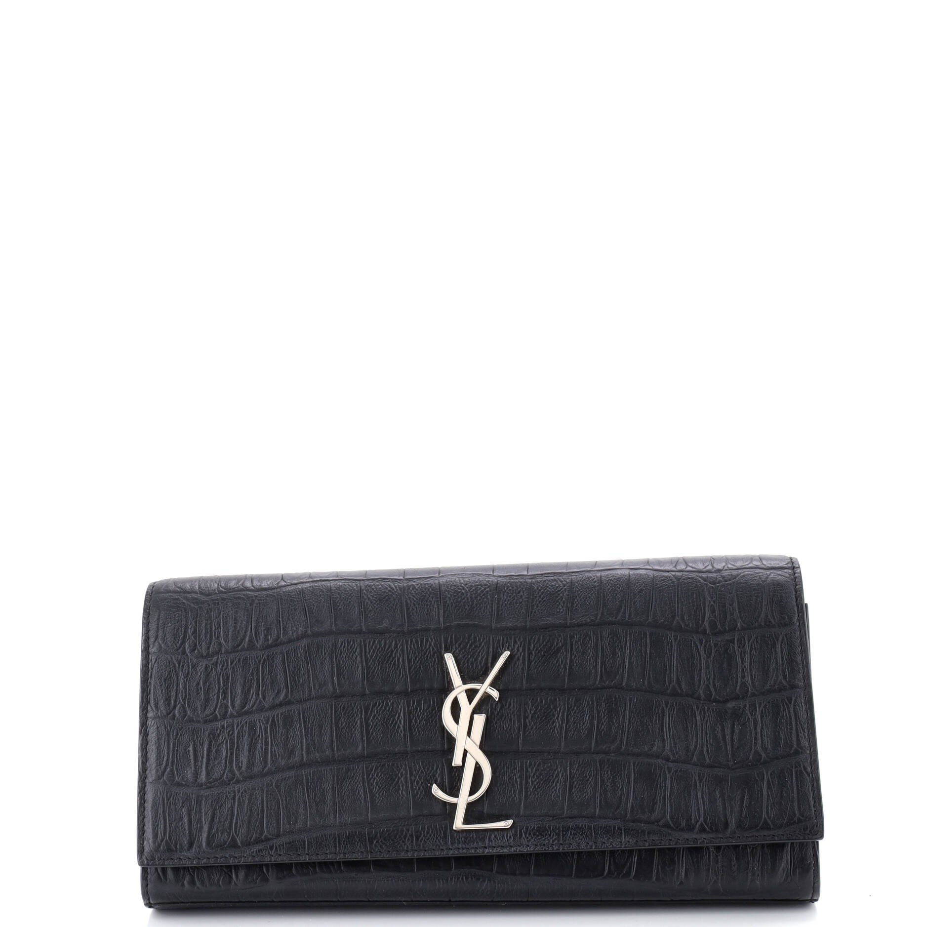 Saint Laurent Classic Monogram Clutch Crocodile Embossed Leather Long